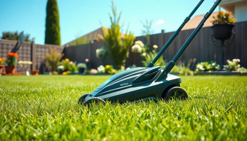 Electric lawn mower cordless efficiently mowing a vibrant green lawn in a sunny backyard.