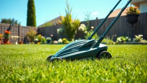 Electric lawn mower cordless efficiently mowing a vibrant green lawn in a sunny backyard.
