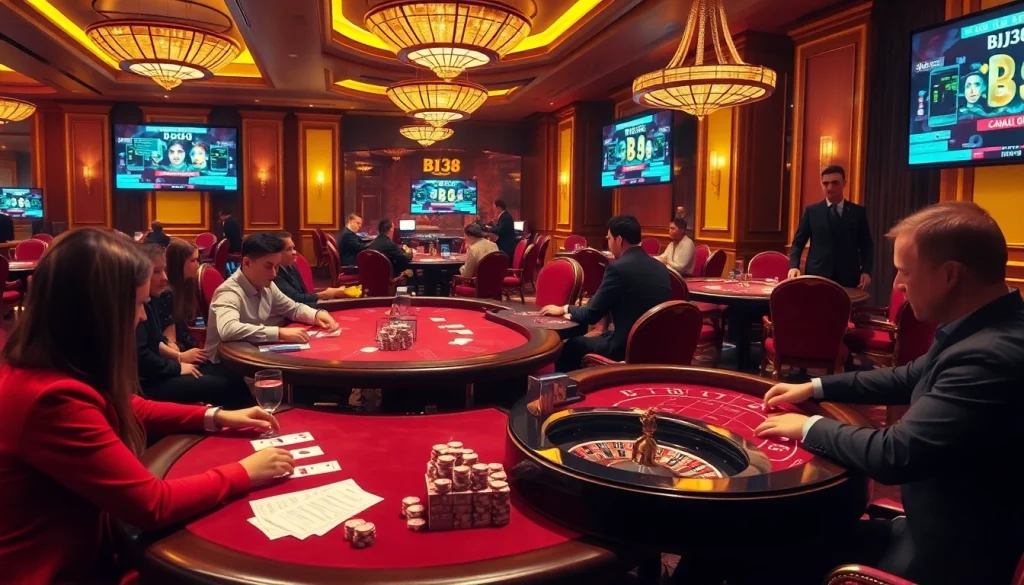 Experience the thrill of gambling at BJ38 with vibrant gaming tables and engaged players.