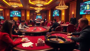 Experience the thrill of gambling at BJ38 with vibrant gaming tables and engaged players.