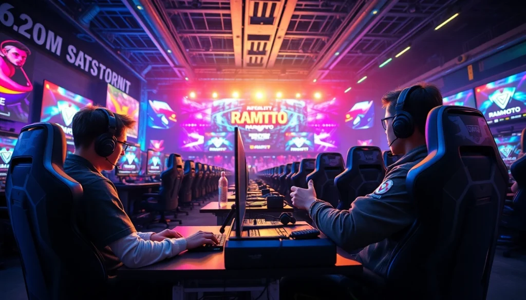 Menggambarkan pemain ramtoto beraksi di arena esports yang dinamis dan energik.