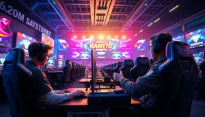 Menggambarkan pemain ramtoto beraksi di arena esports yang dinamis dan energik.