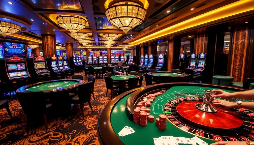 A thrilling gaming scene at 789f casino with vibrant tables and players engaged in action.
