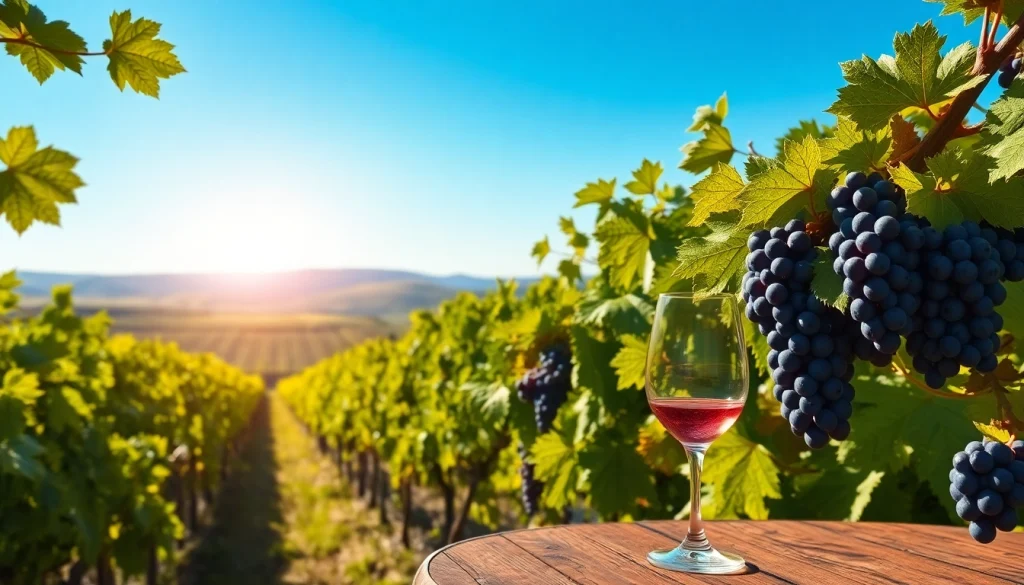 Carksburg CA vineyard with ripe grapes and rolling hills under clear blue sky.