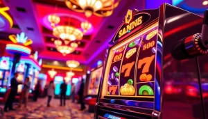 Permainan kasino bolaslot21 yang menampilkan mesin slot dengan grafik cerah dan pemain yang bersemangat.