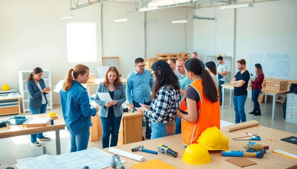 Engaging construction classes with diverse students learning hands-on techniques in a well-lit workshop.
