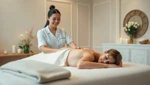 출장안마 service in a serene setting with a professional therapist and calming atmosphere.