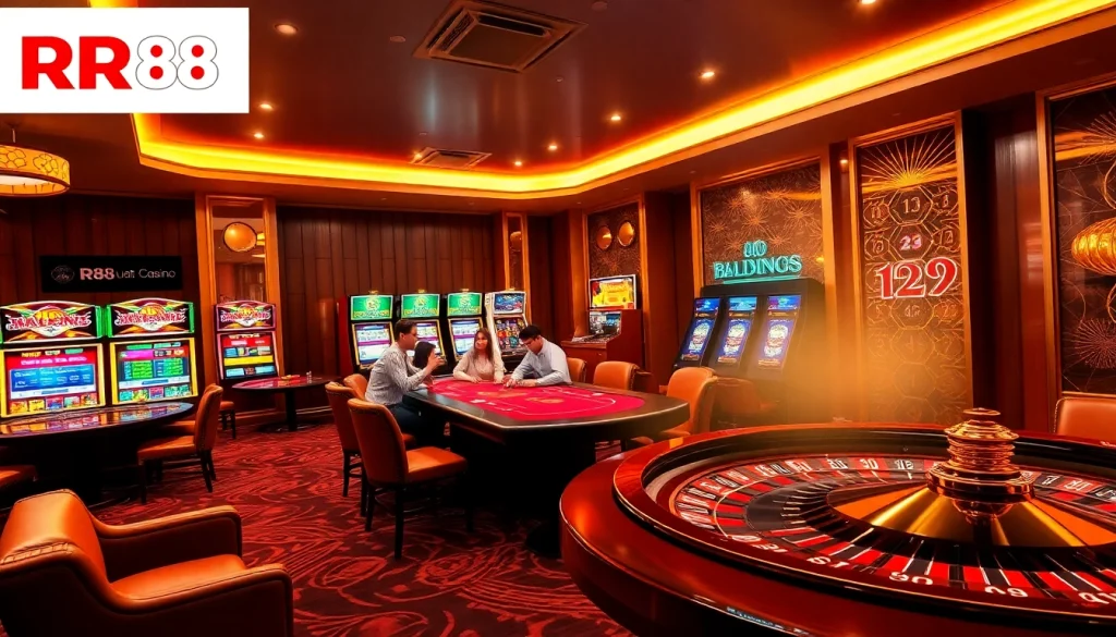 Players engaging in high-stakes poker at RR88 casino, showcasing excitement and luxury.