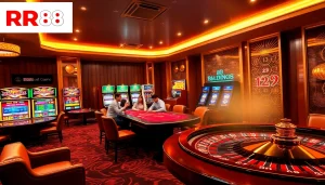 Players engaging in high-stakes poker at RR88 casino, showcasing excitement and luxury.