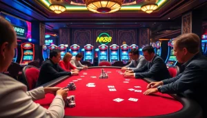 Players at a high-stakes poker game enjoying the luxury and thrill of gambling at NK88 casino.