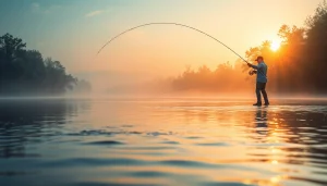 Angler skillfully casting a fly fishing line on a tranquil river during sunrise.