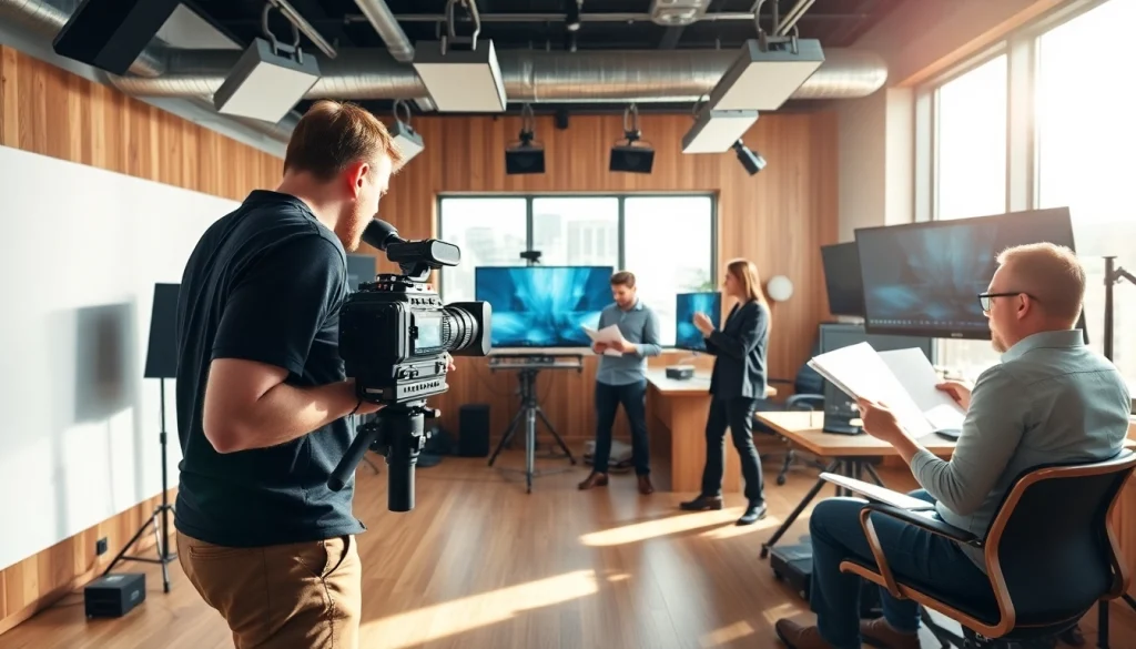 Showcasing corporate video production Calgary with a vibrant team at work in a studio.