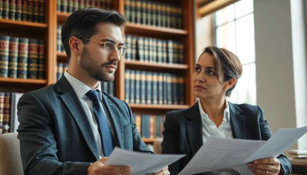 Menggambarkan diskusi antara pengacara dan klien tentang brio4d, suasana profesional dengan rak buku di latar belakang.