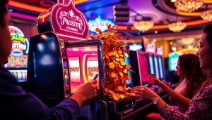 Pemain yang antusias berinteraksi dengan mesin slot pulsa di lingkungan kasino mewah, menampilkan momen kemenangan.
