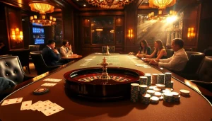 Experience high-stakes gambling at Man88 with poker chips, cards, and a roulette wheel.