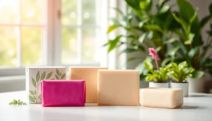 Showcasing soap packaging with eco-friendly designs on a clean table.