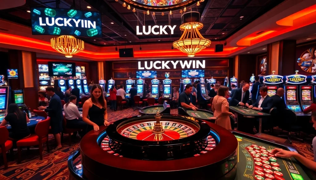 LUCKYWIN casino scene with vibrant games, joy, and excitement at the roulette wheel.