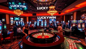 LUCKYWIN casino scene with vibrant games, joy, and excitement at the roulette wheel.