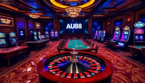 Experience the excitement of AU88 with vibrant slot machines and poker tables in a luxurious casino setting.