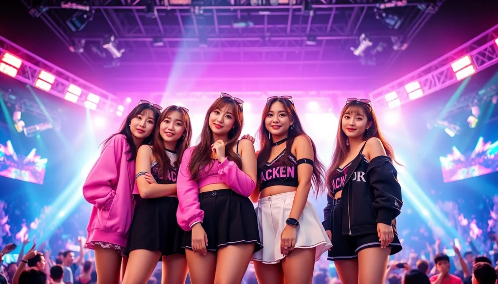 Blackpink members posing together energetically at a concert.