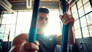 Person using a pull-up assist band in a bright gym, showcasing fitness and strength.