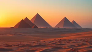 Admiring the majestic piraminds of Giza at sunset against a vibrant desert backdrop.