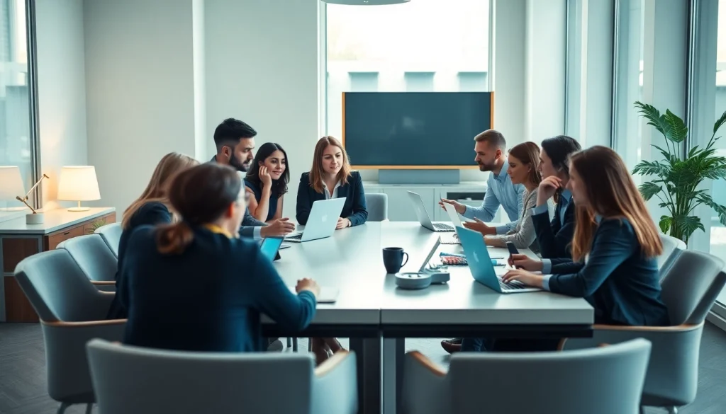 Engaged team discussing Digital Marketing strategies in a collaborative workspace.