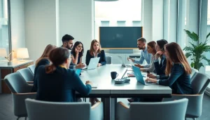 Engaged team discussing Digital Marketing strategies in a collaborative workspace.