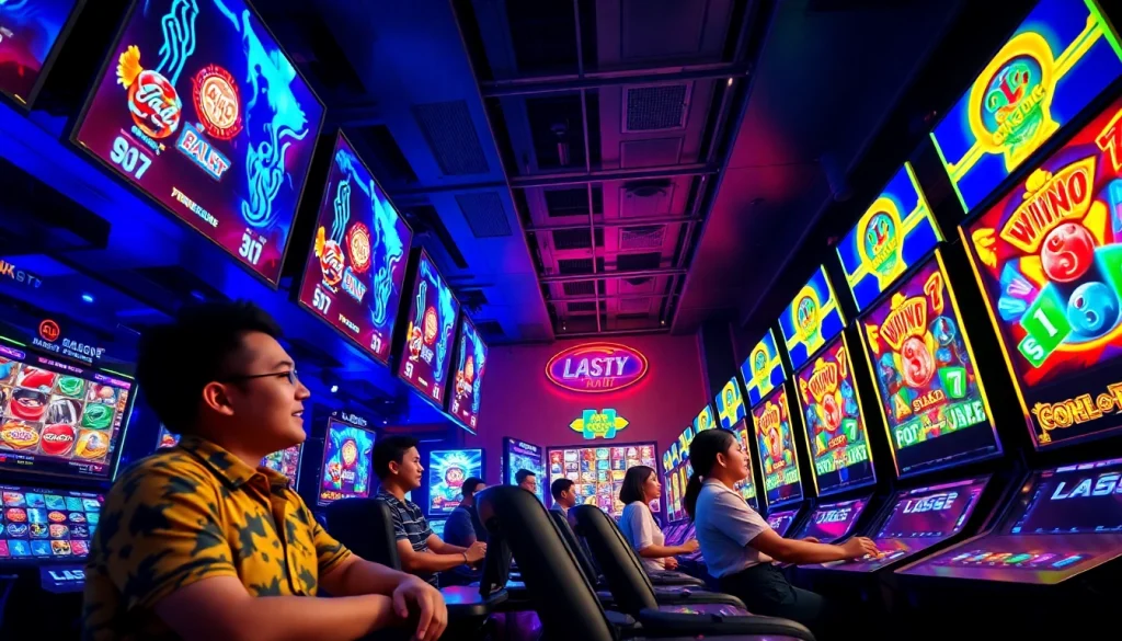 LAGAGAME77 gaming experience with vibrant slot games and enthusiastic players.