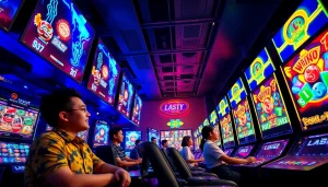 LAGAGAME77 gaming experience with vibrant slot games and enthusiastic players.