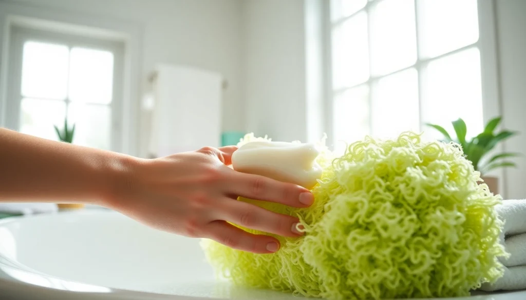Learn how to clean a loofah using gentle soap and water in a serene bathroom setting.