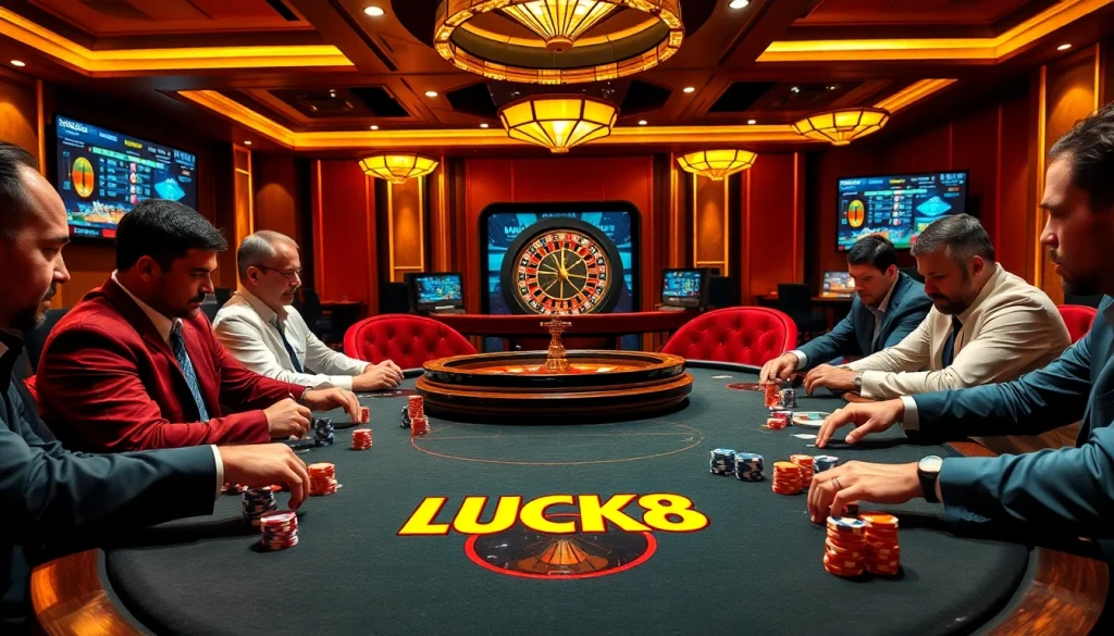 Trải nghiệm sự phấn khích của LUCK8 khi người chơi tham gia sôi nổi tại bàn poker đầy năng lượng.