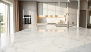 Gorgeous marble kitchen worktops featured prominently in an elegant kitchen setting.