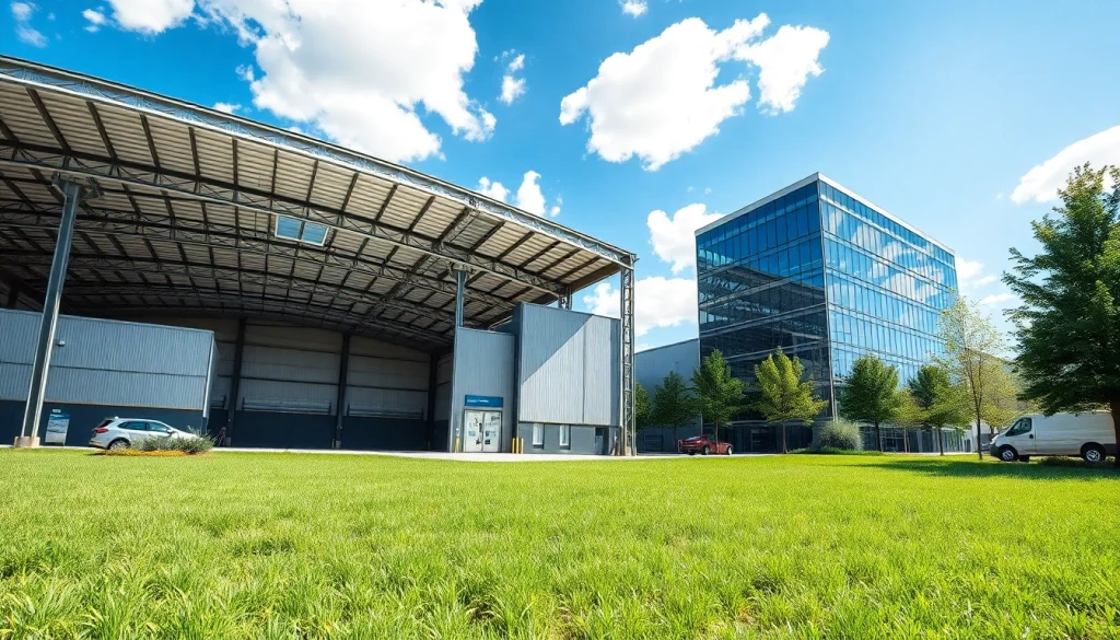 Innovative steel structure design featuring modern buildings amidst an urban landscape.