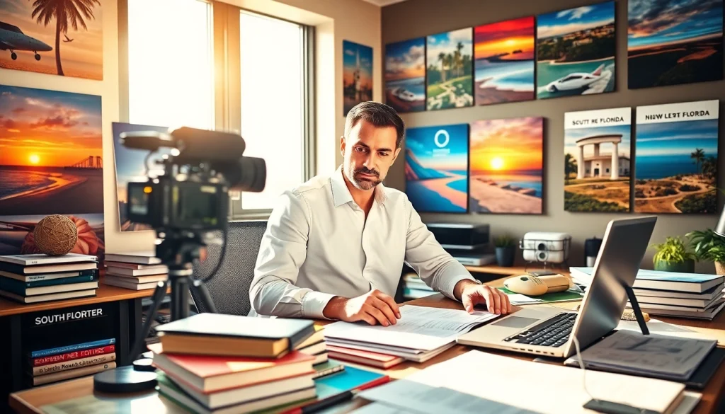 Engaged journalist at South Florida Reporter workspace with vibrant scenery.