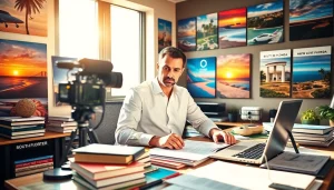 Engaged journalist at South Florida Reporter workspace with vibrant scenery.
