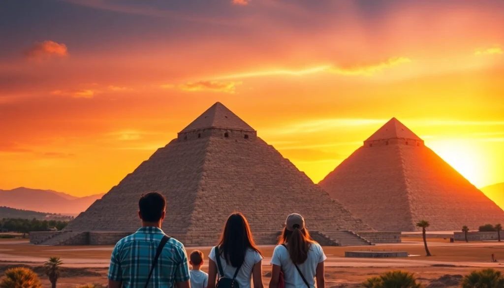 Experience the majesty of piraminds as tourists admire their ancient beauty during sunset.