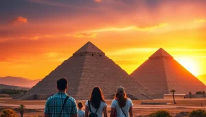 Experience the majesty of piraminds as tourists admire their ancient beauty during sunset.