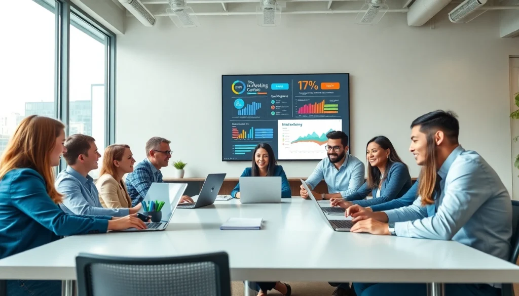 Engaged team discussing Digital Marketing strategies in a modern office.
