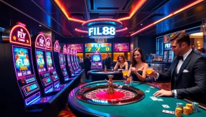 Experience FLY 88 gaming excitement with glamorous roulette and poker action in a vibrant casino.