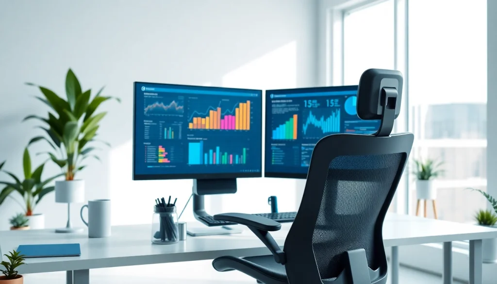 Engaging virtual desktop workspace showcasing productivity with dual monitors and modern design.