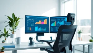 Engaging virtual desktop workspace showcasing productivity with dual monitors and modern design.