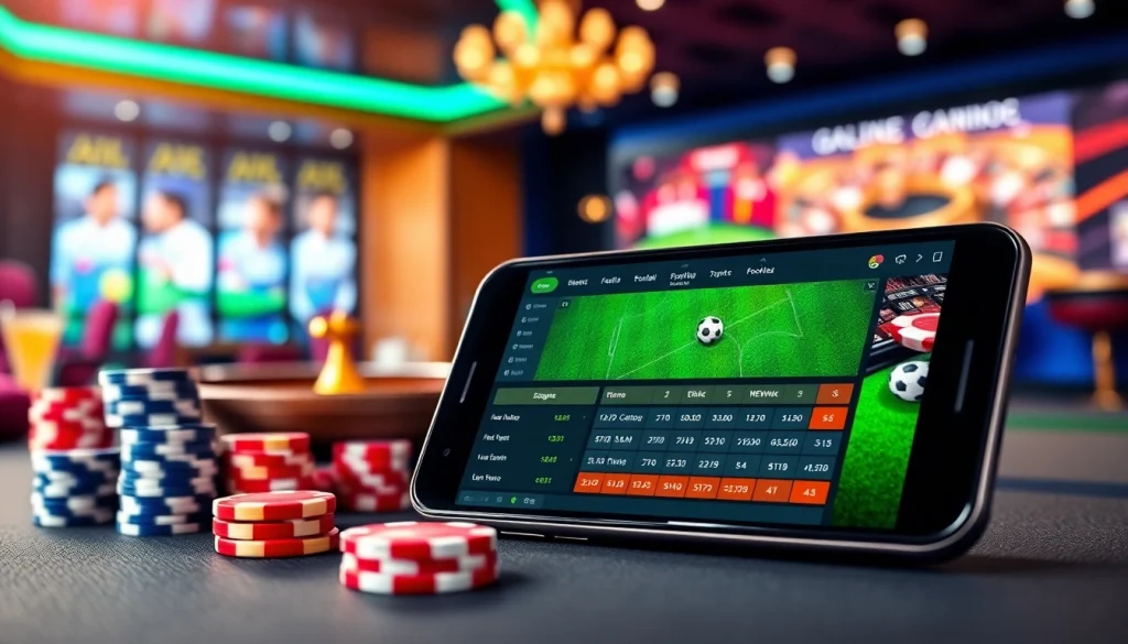 Engaging scene showcasing สมัครแทงบอล on a mobile device, surrounded by poker chips and sports betting elements.
