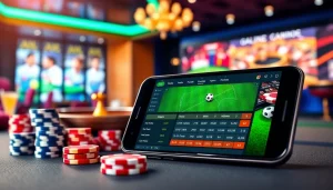 Engaging scene showcasing สมัครแทงบอล on a mobile device, surrounded by poker chips and sports betting elements.