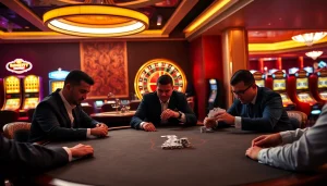 High-stakes poker game highlighting Man88's vibrant casino atmosphere with roulette and slot machines.