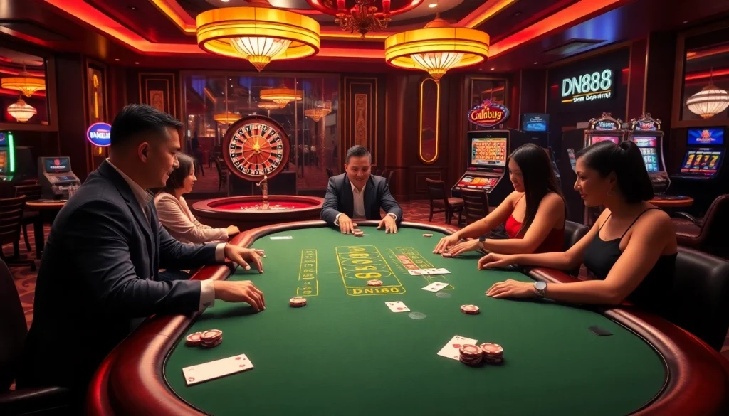 Engage with thrilling casino excitement at DN88 gaming tables filled with players and poker chips.