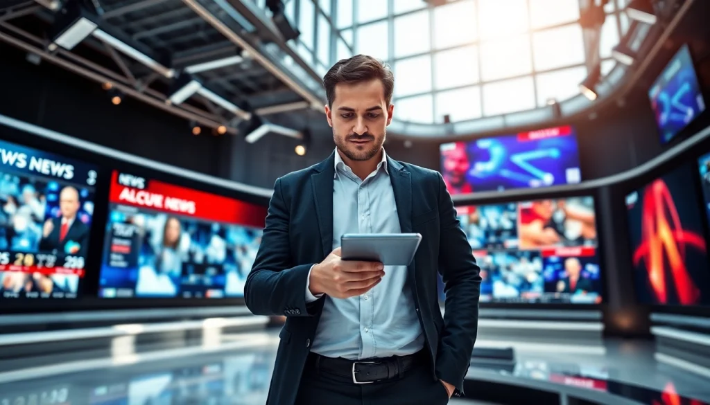 Engaging journalist showcasing Usa Today news in a vibrant modern newsroom.