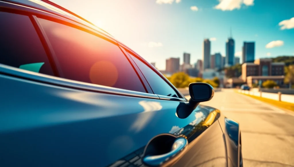 Car with window tint Chattanooga reflecting urban skyline and sunlight.