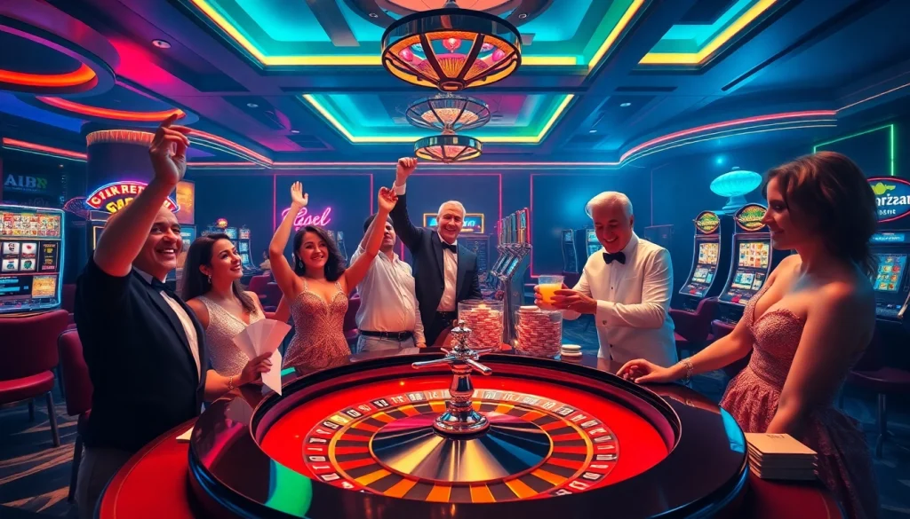 High-stakes gaming action at https://www.kjc.global/ casino, showcasing poker cards, roulette wheel, and excited players.