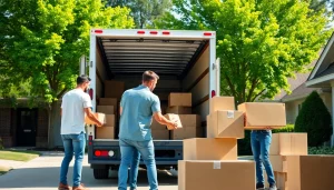 Movers packing belongings into a truck while showcasing Moving Services efficiency and teamwork.